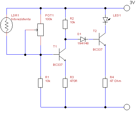 Schema electronica - Detector de lumina cu tranzistorizat