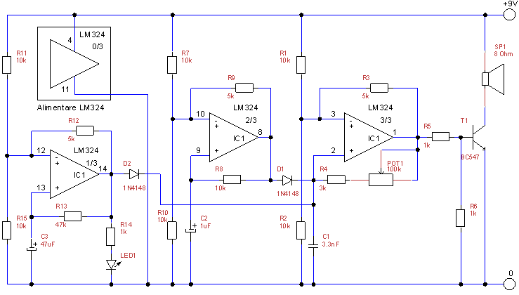 Schema electronica - Generator sunete de greier cu LM324